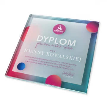 Dyplom szklany - Pracownik roku - kwadrat - kolorowy druk UV - DUV094