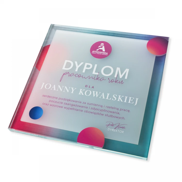 Dyplom szklany - Pracownik roku - kwadrat - kolorowy druk UV - DUV094