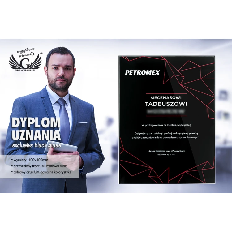 Dyplom uznania exclusive black glass - wymiary: 400x300mm - DUV042
