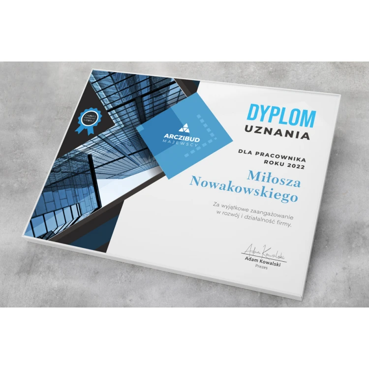 Dyplom uznania exclusive white glass - wymiary: 400x300mm - DUV065