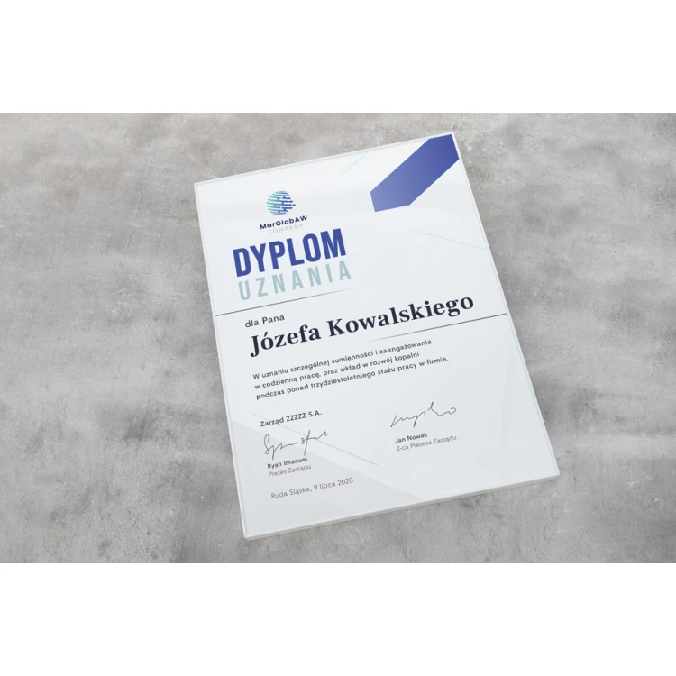 Dyplom uznania exclusive white glass - wymiary: 300x400mm - DUV067