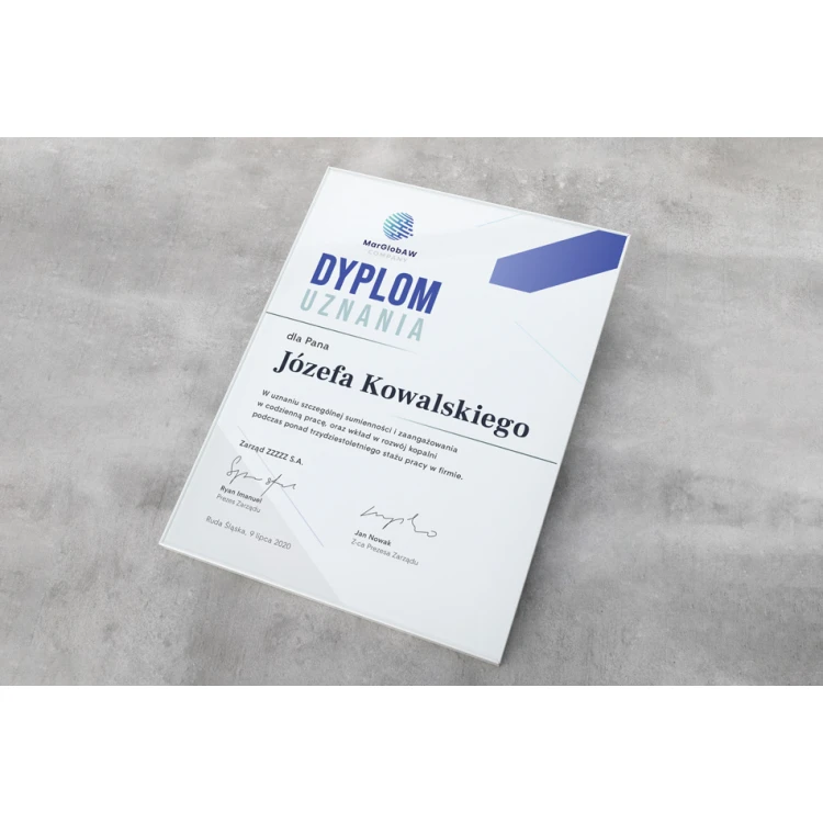 Dyplom uznania exclusive white glass - wymiary: 300x400mm - DUV067