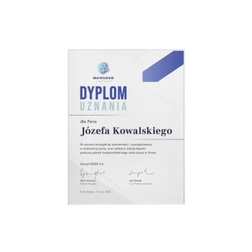 Dyplom uznania exclusive white glass - wymiary: 300x400mm - DUV067