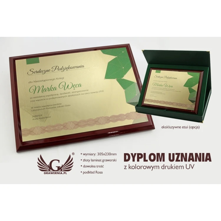 Dyplom uznania Exclusive z kolorowym drukiem UV - poziomy - DCE005