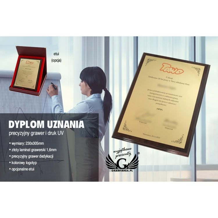 Dyplom uznania - grawer i kolorowy druk UV  - DS022 