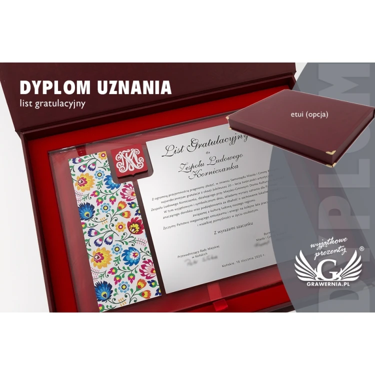 Dyplom uznania - poziomy - kolorowy druk UV i wypukły logotyp - DUV043