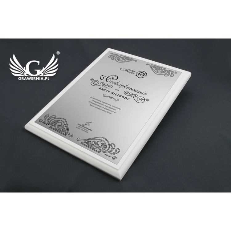 Dyplom uznania - srebrny laminat grawerski - podkład biały mat - DS017