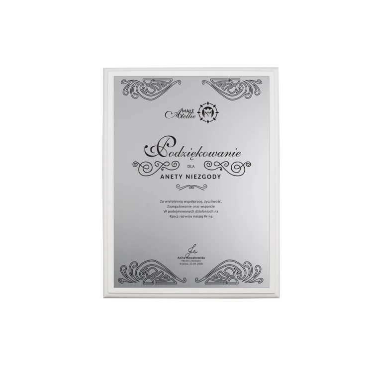 Dyplom uznania - srebrny laminat grawerski - podkład biały mat - DS017