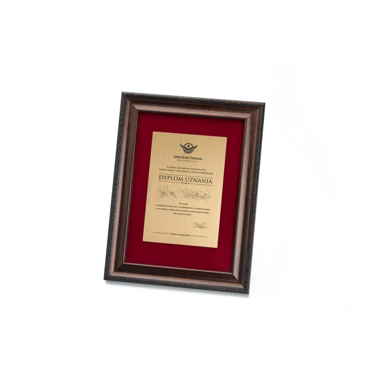 Dyplom w ramce vintage z bordowym passe partout - poziomy lub pionowy - DWR10