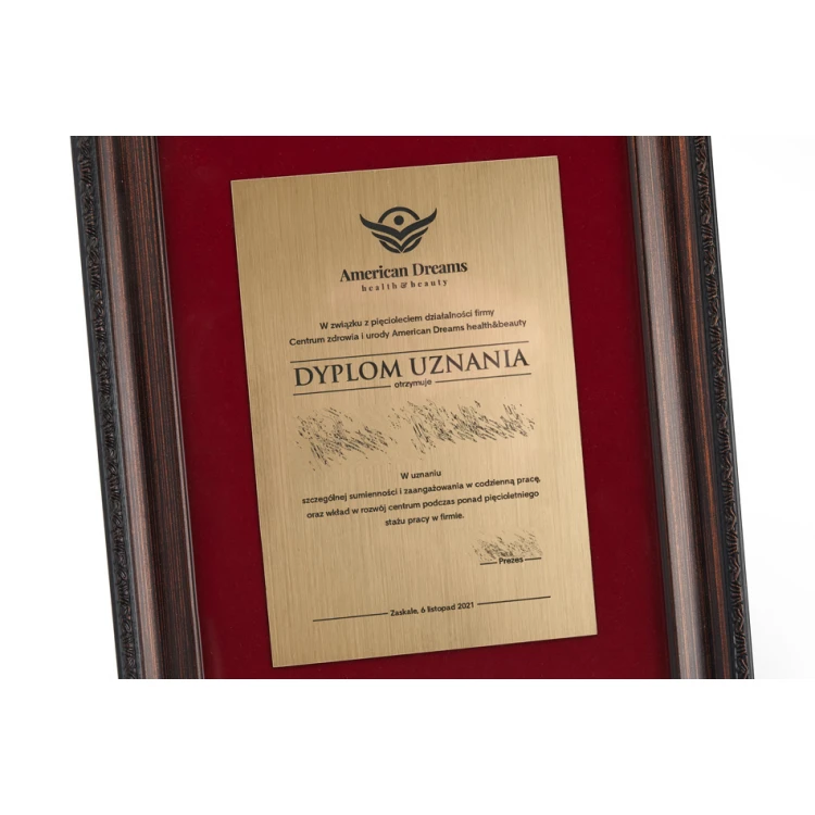 Dyplom w ramce vintage z bordowym passe partout - poziomy lub pionowy - DWR10