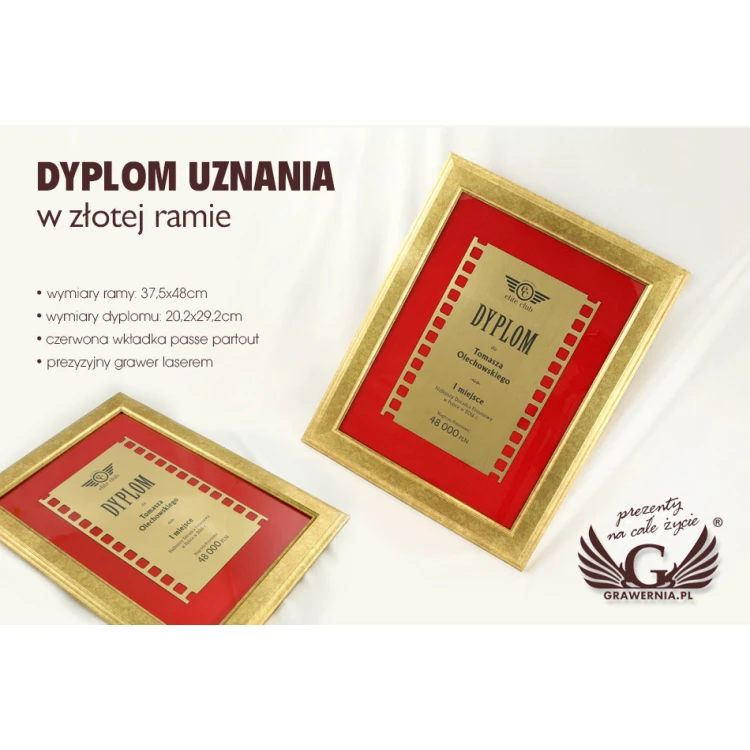 Dyplom w złotej ramie z czerwonym passe partout - poziomy lub pionowy - DWR2