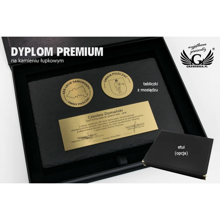 Dyplom z kamienia łupkowego z mosiądzem 1,6mm -  dwa medale i tabliczka - DK004 