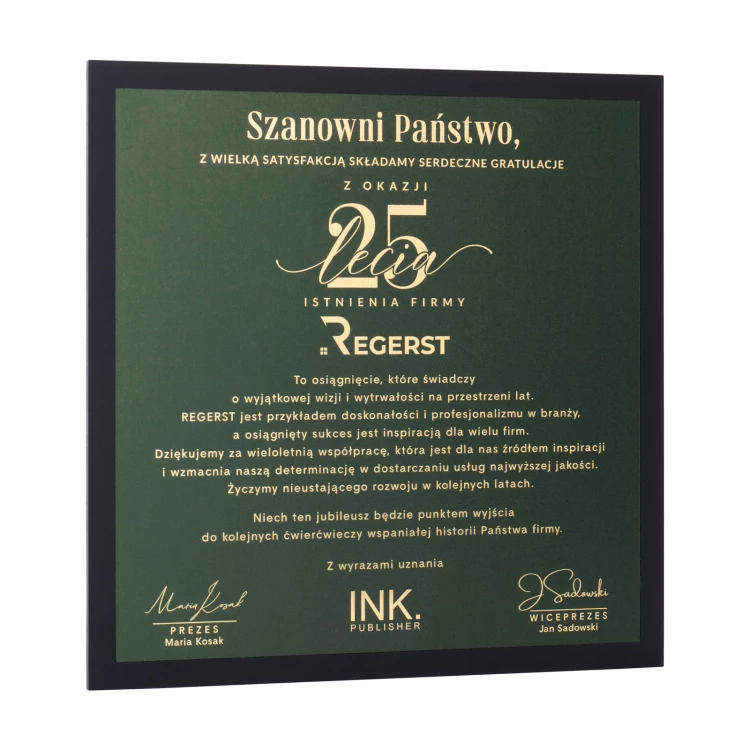 Dyplom z okazji jubileuszu firmy - druk UV - wym. 230x230mm - DUV104
