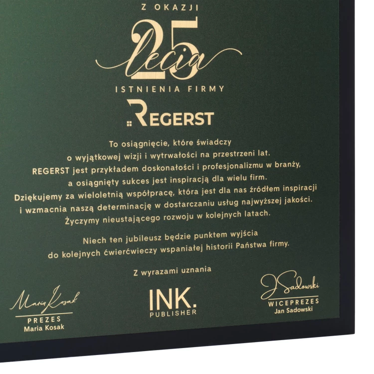 Dyplom z okazji jubileuszu firmy - druk UV - wym. 230x230mm - DUV104