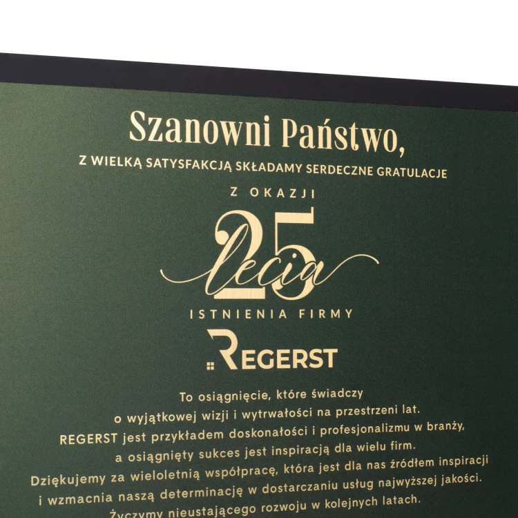 Dyplom z okazji jubileuszu firmy - druk UV - wym. 230x230mm - DUV104