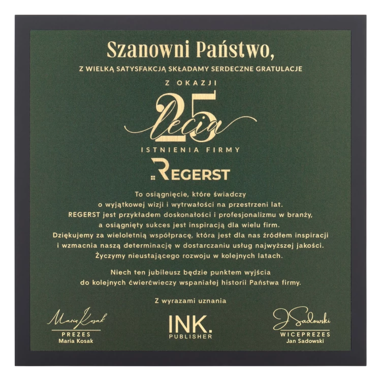 Dyplom z okazji jubileuszu firmy - druk UV - wym. 230x230mm - DUV104
