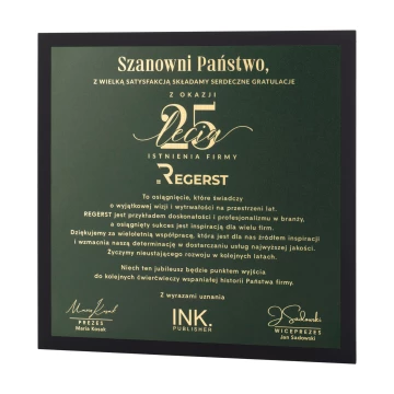 Dyplom z okazji jubileuszu firmy - druk UV - wym. 230x230mm - DUV104