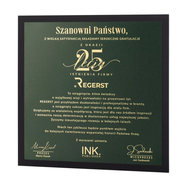 Dyplom z okazji jubileuszu firmy - druk UV - wym. 230x230mm - DUV104