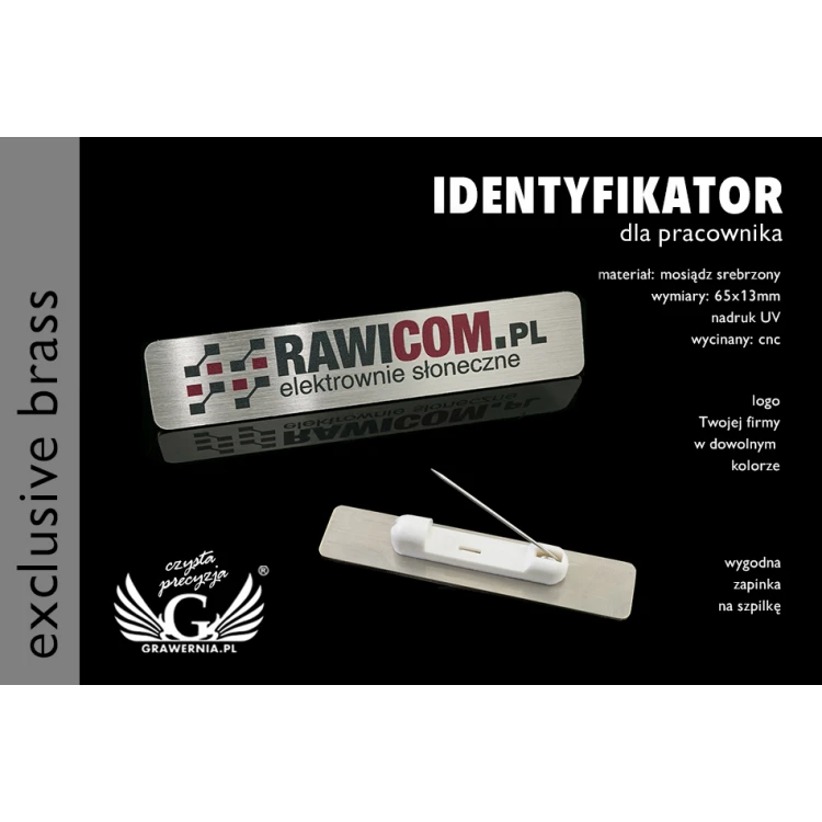 Ekskluzywny identyfikator dla pracownika - 65x13mm - mosiądz srebrzony - ID063