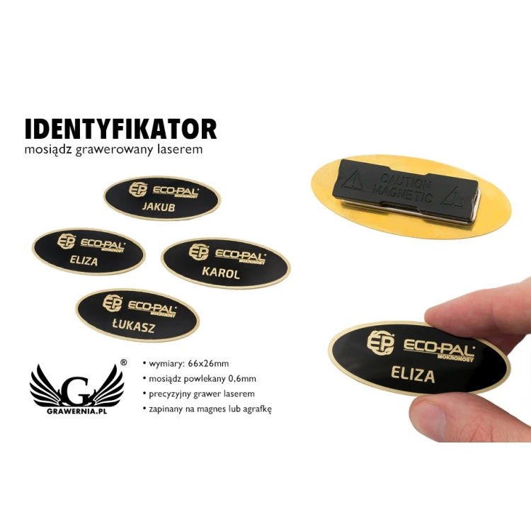 Ekskluzywny identyfikator z mosiądzu - 66x26mm - mosiądz powlekany - ID067 