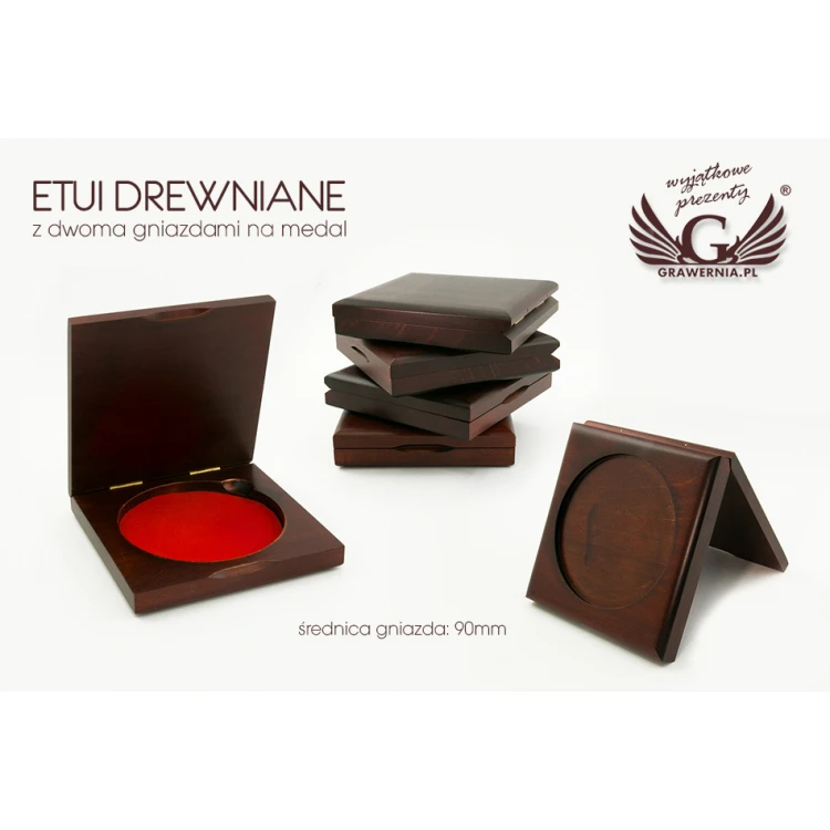 Kasetka etui drewniane z dwoma gniazdami na medal o średnicy 90mm - KAS07