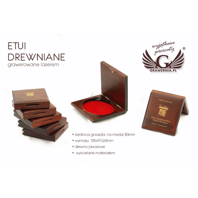 Kasetka etui drewniane z pojedynczym gniazdem na medal o średnicy 80mm