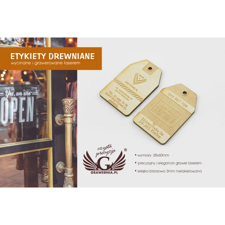 Etykiety drewniane, cenówki grawerowane laserem - wymiary: 38x60mm - EDR018