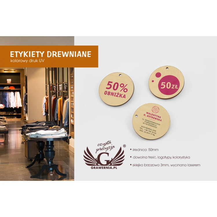 Etykiety drewniane, cenówki - średnica: 50mm - druk UV - EDR004