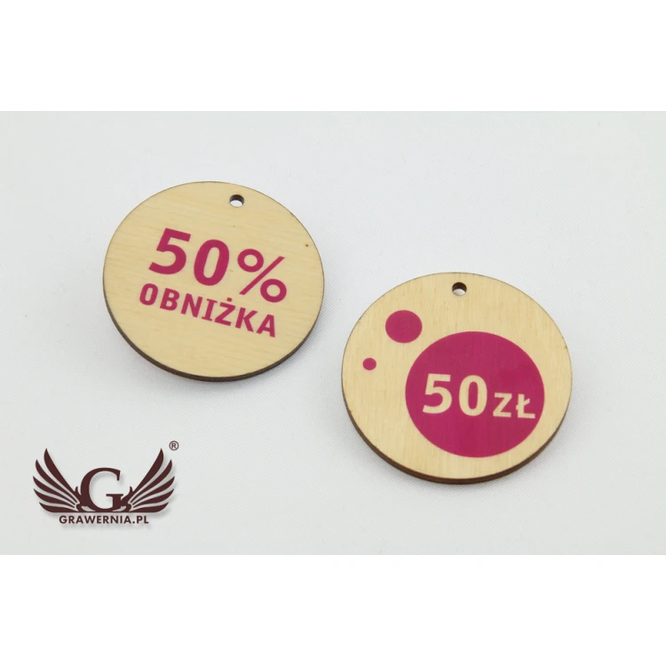 Etykiety drewniane, cenówki - średnica: 50mm - druk UV - EDR004
