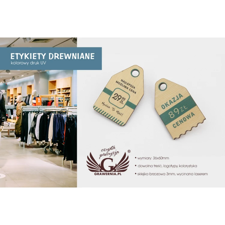 Etykiety drewniane, cenówki - wymiary: 36x60mm - druk UV - EDR002
