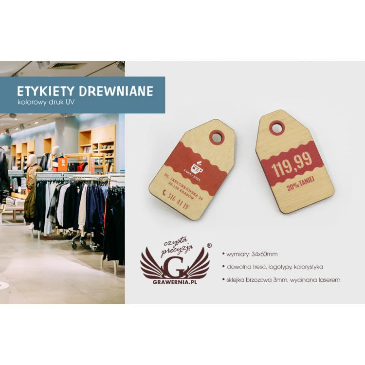 Etykiety drewniane, cenówki - wymiary: 34x60mm - druk UV - EDR003