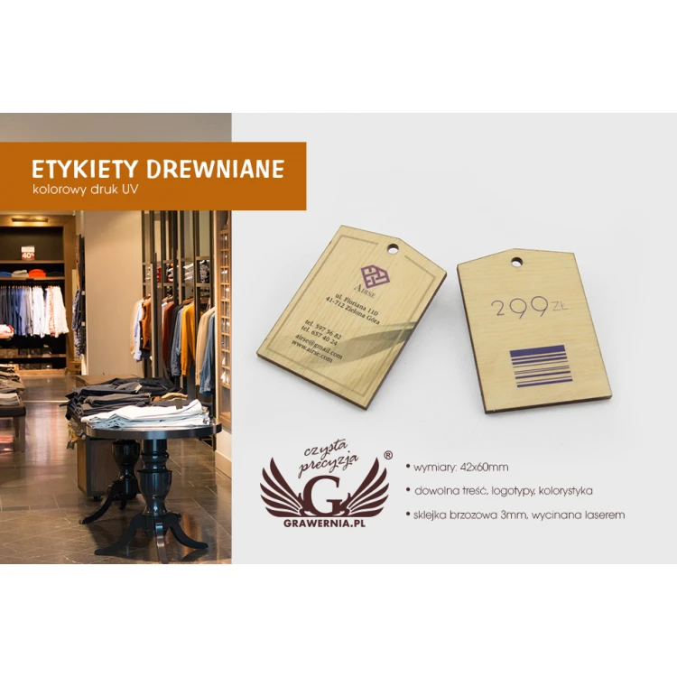 Etykiety drewniane, cenówki - wymiary: 42x60mm - druk UV - EDR005