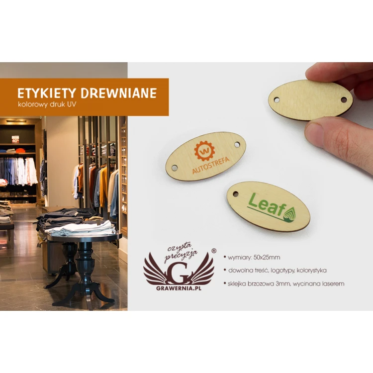 Etykiety drewniane, cenówki - wymiary: 50x25mm - druk UV - EDR006
