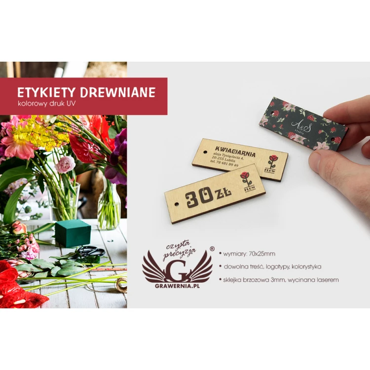 Etykiety drewniane, cenówki - wymiary: 70x25mm - druk UV - EDR007