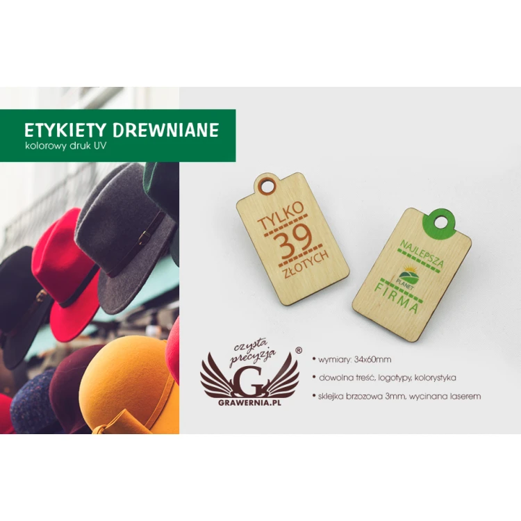 Etykiety drewniane, cenówki - wymiary: 34x60mm - druk UV - EDR009