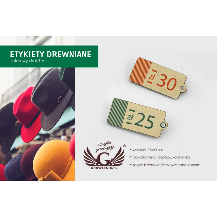 Etykiety drewniane, cenówki - wymiary: 27x60mm - druk UV - EDR010