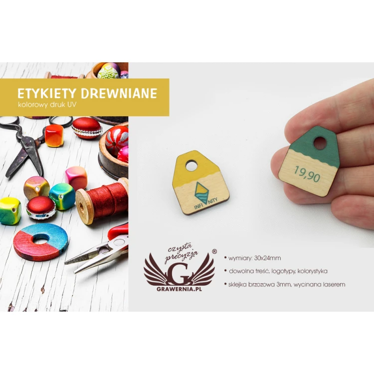 Etykiety drewniane, cenówki - wymiary: 24x30mm - druk UV - EDR016