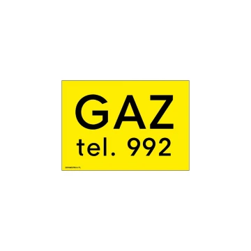 Gaz tel. 992 - tabliczka ostrzegawcza - wym. 170x120mm - PVC - kolorowy druk UV - BHP101