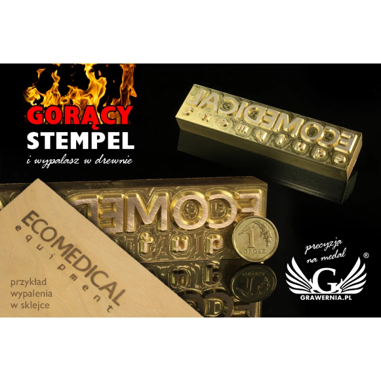Gorący stempel do wyciskania logotypu na gorąco i zimno - wymiary matrycy: 105x25mm - CNC