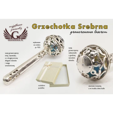 GRZECHOTKA z niebieskimi koralikami - SREBRO - Pamiątka Chrztu Świętego - wzór SRB008