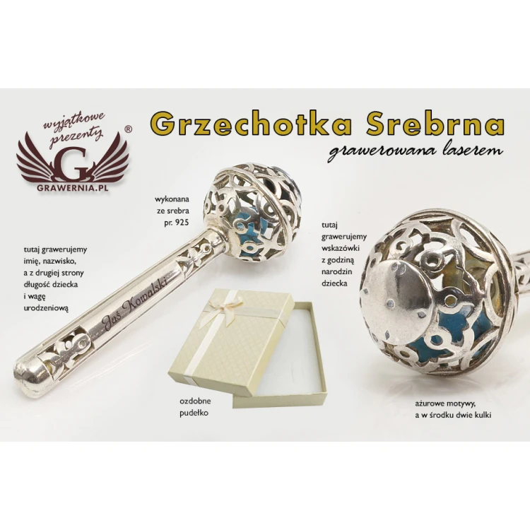 GRZECHOTKA z niebieskimi koralikami - SREBRO - Pamiątka Chrztu Świętego - wzór SRB008