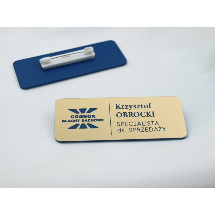 Identyfikator dla pracownika - Złoty z niebieskim grawerem - ID015