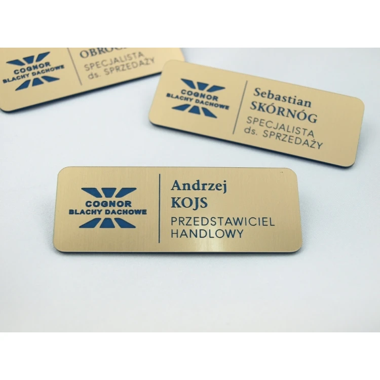 Identyfikator dla pracownika - Złoty z niebieskim grawerem - ID015
