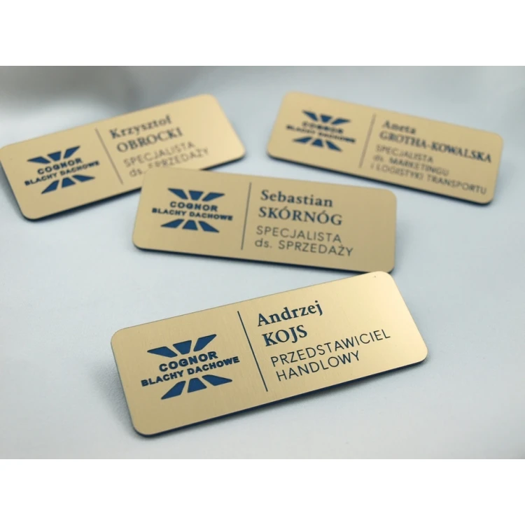 Identyfikator dla pracownika - Złoty z niebieskim grawerem - ID015