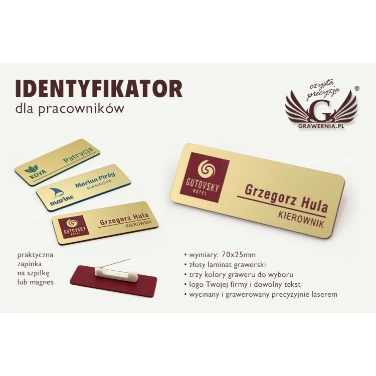 Identyfikator - medium kolor złoty z niebieskim/zielonym/czerwonym grawerem - ID051