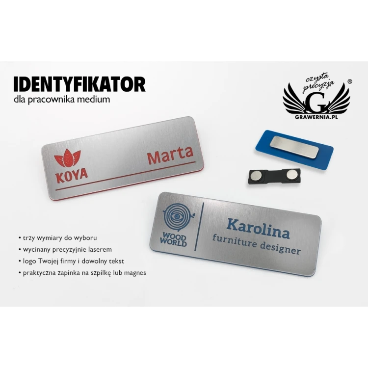 Identyfikator - medium - srebrny z grawerem - ID077