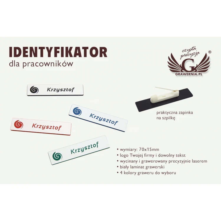 Identyfikator - slim biały z grawerem - 70x15mm - ID048