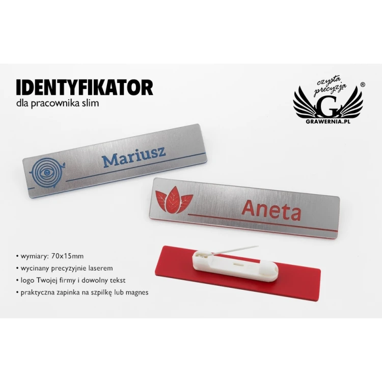Identyfikator - slim - srebrny z grawerem - 70x15mm - ID078