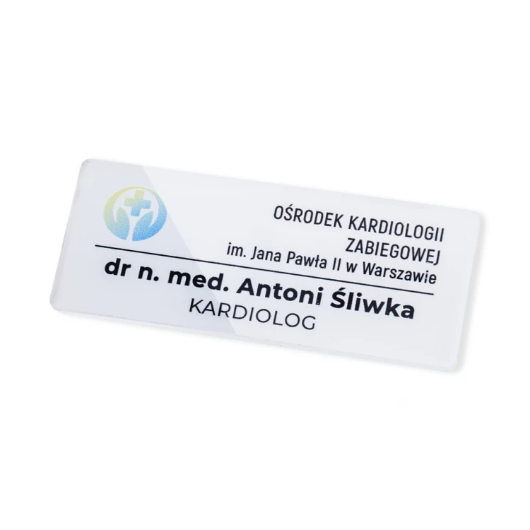 Identyfikator z nadrukiem UV - transparentna plexi - wym. 75x30mm - ID135