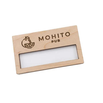 Identyfikator z okienkiem drewniany - drewno klonowe premium - wym: 67x40mm - ID099